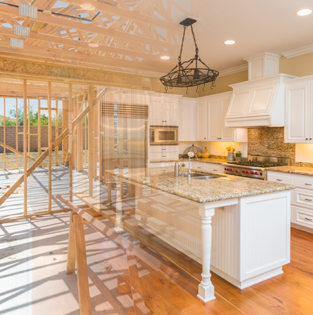 Image of house gradually changing from new construction to finished kitchen