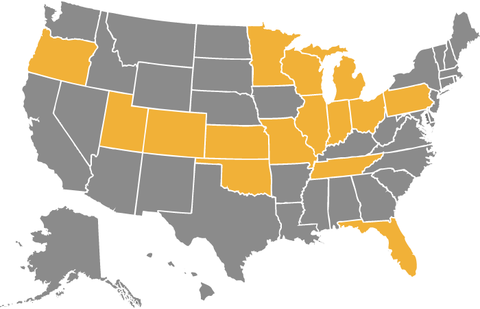 US Map showing yellow highligted states that Golden Oak Lending is licensed in