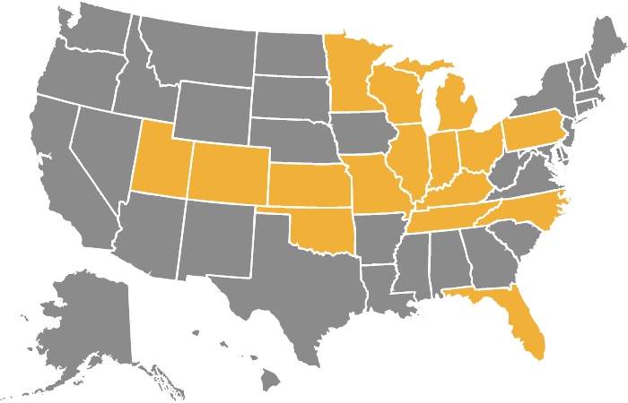 US Map showing yellow highligted states that Golden Oak Lending is licensed in